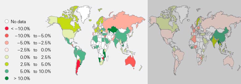Общий реальный рост премий, 2019 г. (карта мира слева); прогноз на 2020–2021 годы в разрезе регионов (карта справа)